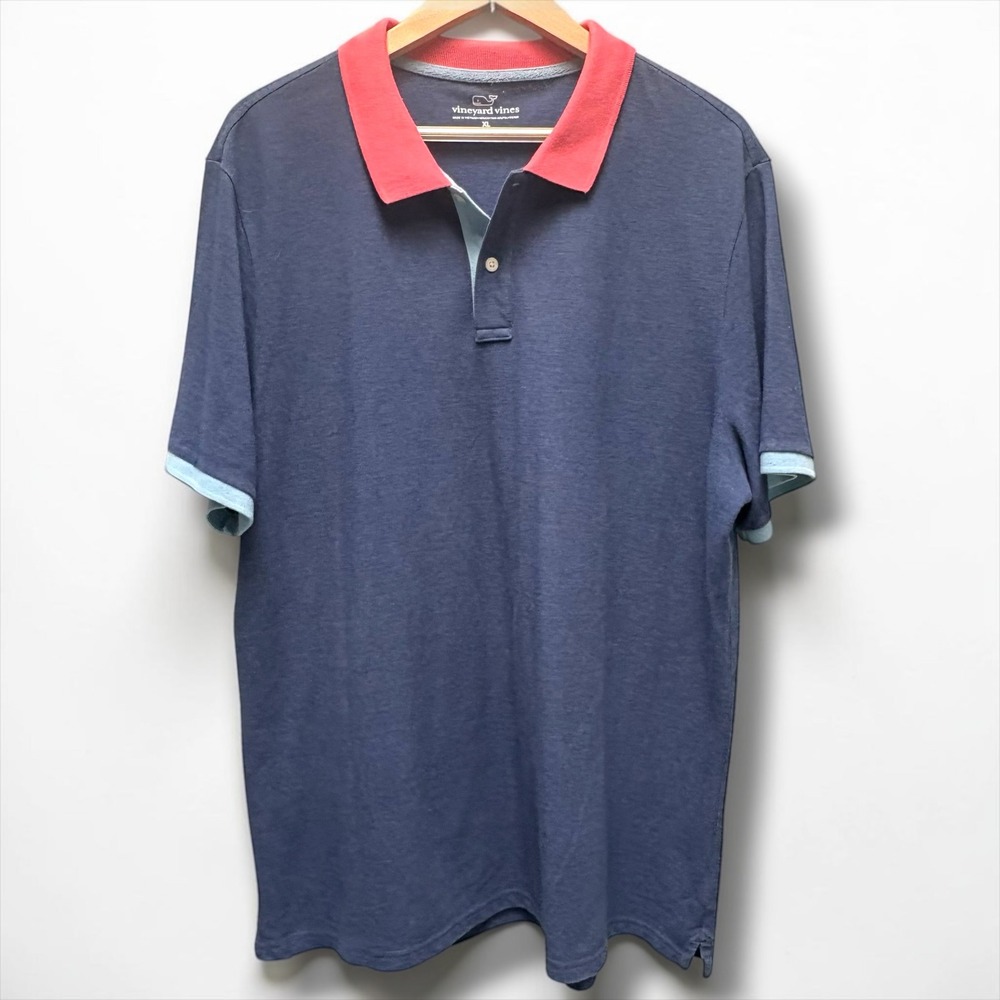 Vineyard Vines Mens XL Blue Heathered Polo‎ Shirt Red Contrast Collar